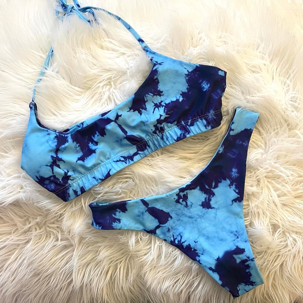 Sunny Bunny Tie Dye Halter Bikini Top Cheeky Bottoms Set Blue Raspberry S 0 2